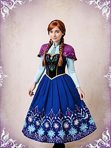 Woman in Traditional Costume with Blue Dress and Purple Capelet