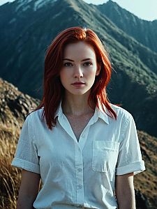 Red-Haired Woman in White Shirt Outdoors with Mountain Background