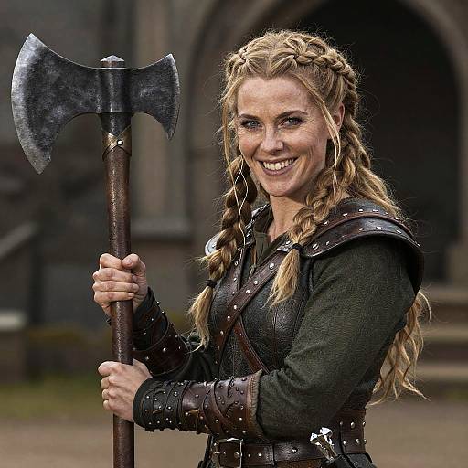 Confident Woman Viking Warrior Holding Double-Headed Battle Axe in Historical Armor