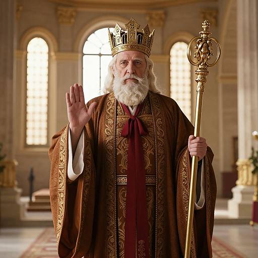 Regal King in Golden Crown and Scepter Inside Ornate Palace