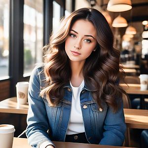 Young Woman in Denim Jacket at Modern Café