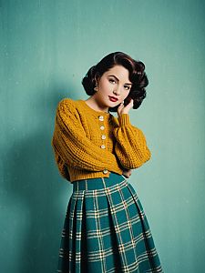 Vintage 1940s Style Woman in Mustard Sweater and Plaid Skirt