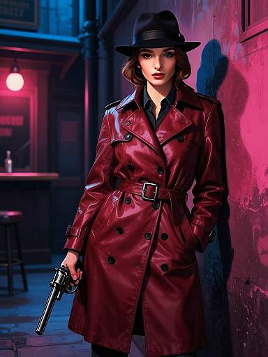Woman in Red Trench Coat Holding Revolver in Neon Noir Alley