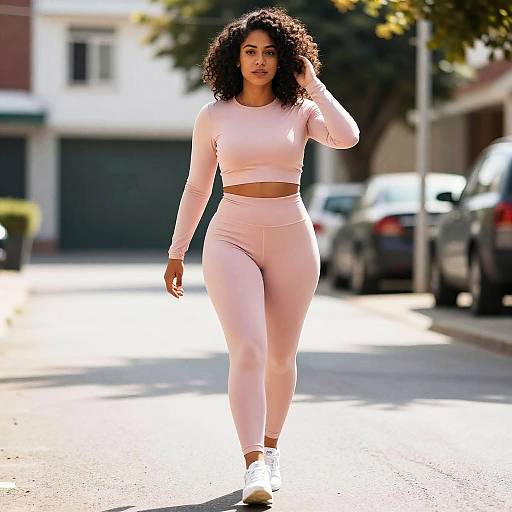Woman Walking in Blush Pink Athleisure Outfit on Urban Street