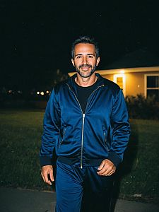 Photorealistic Man in Humorous One Night Stand Costume Outdoors at Night