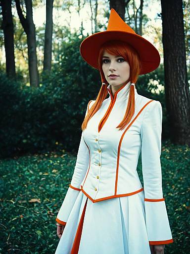 Sexy Cosplay Woman in Mylene Flare Jenius Costume with Orange Witch Hat