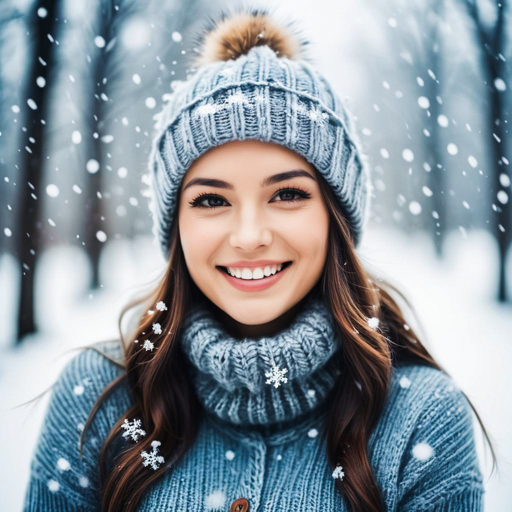 Cheerful woman in snowy winter scene