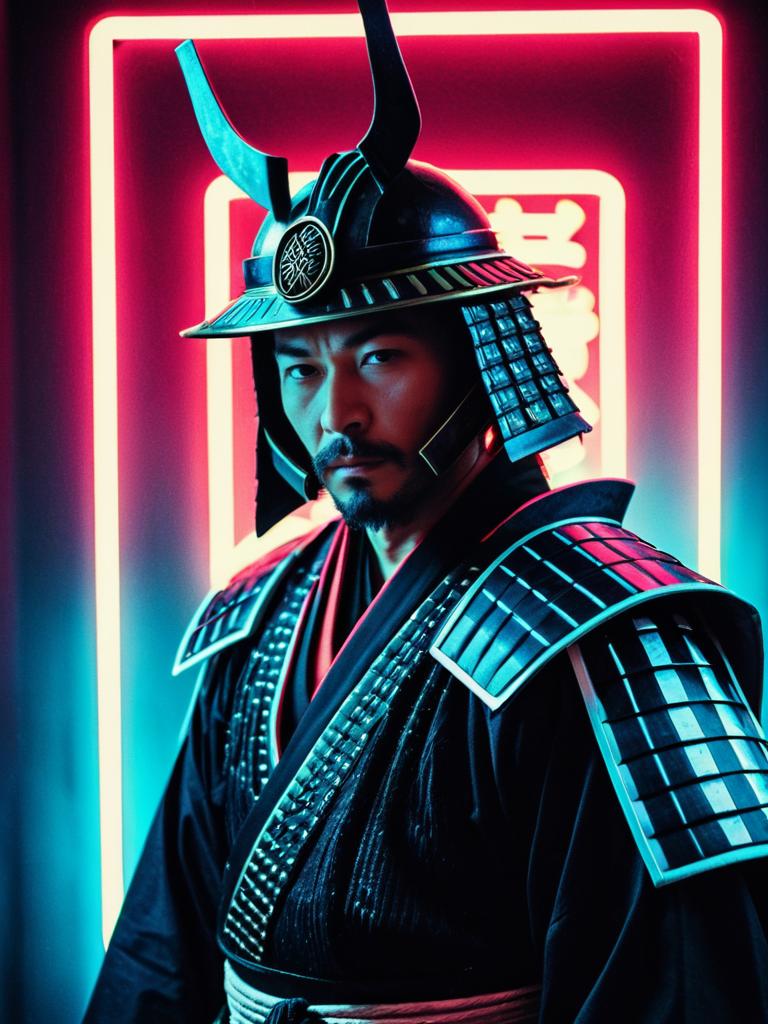 Man in Samurai Costume Detailed Cosplay Portrait with Neon Background
