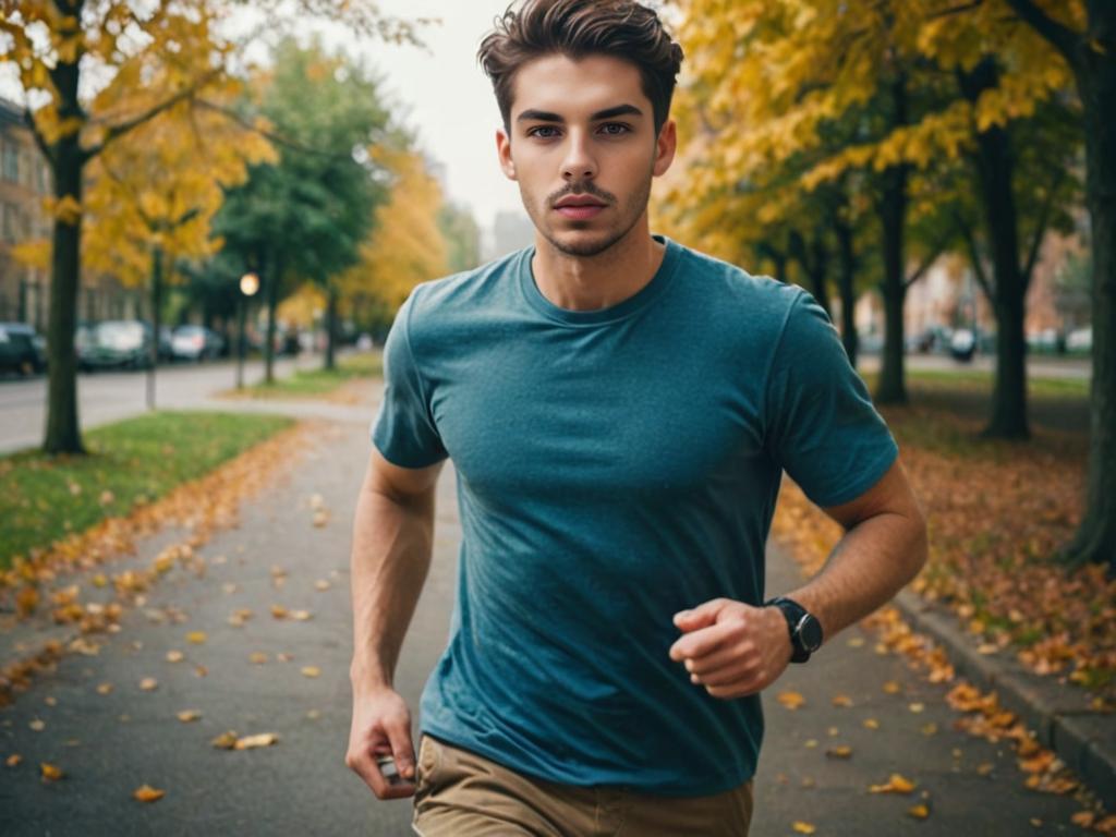 Young man jogging in autumn with golden leaves