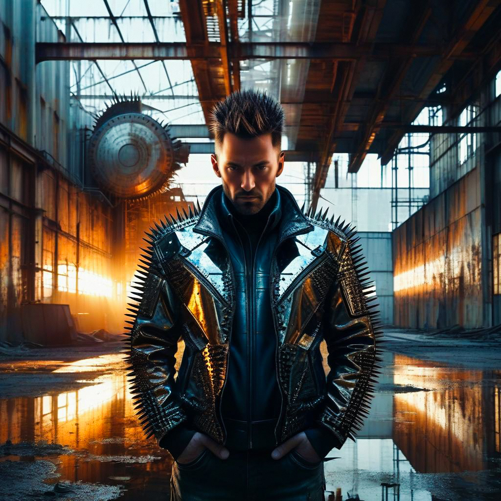 Man in Spiked Leather Jacket in Industrial Setting