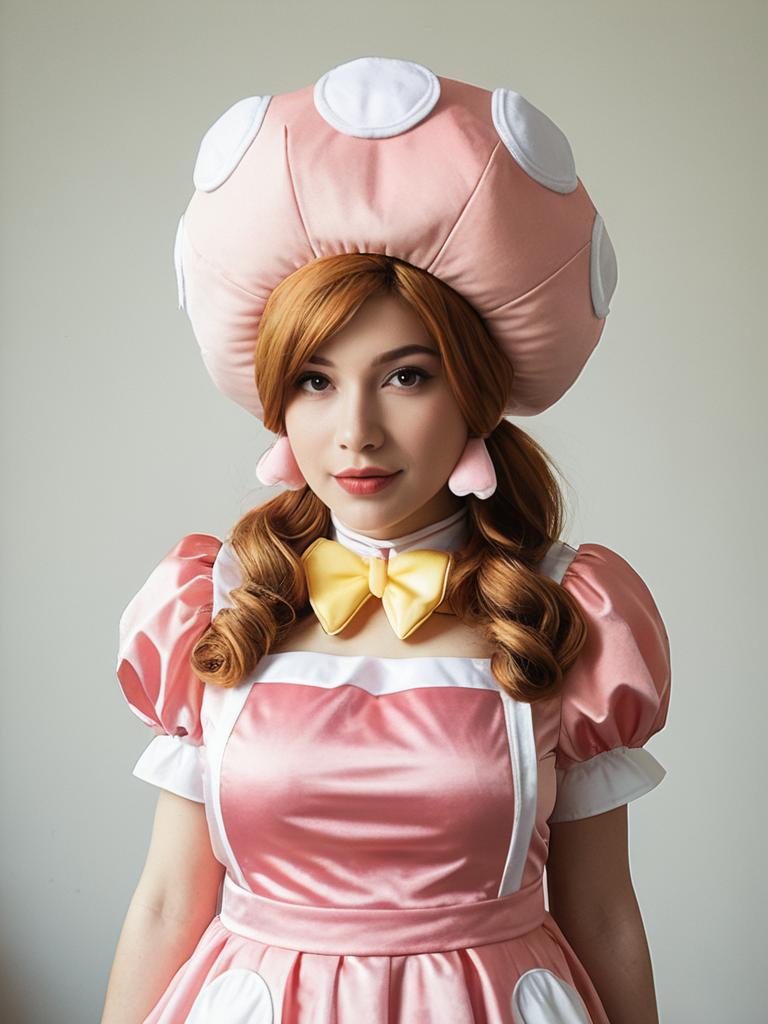 Realistic Woman Cosplaying Toadette with Pink Mushroom Costume