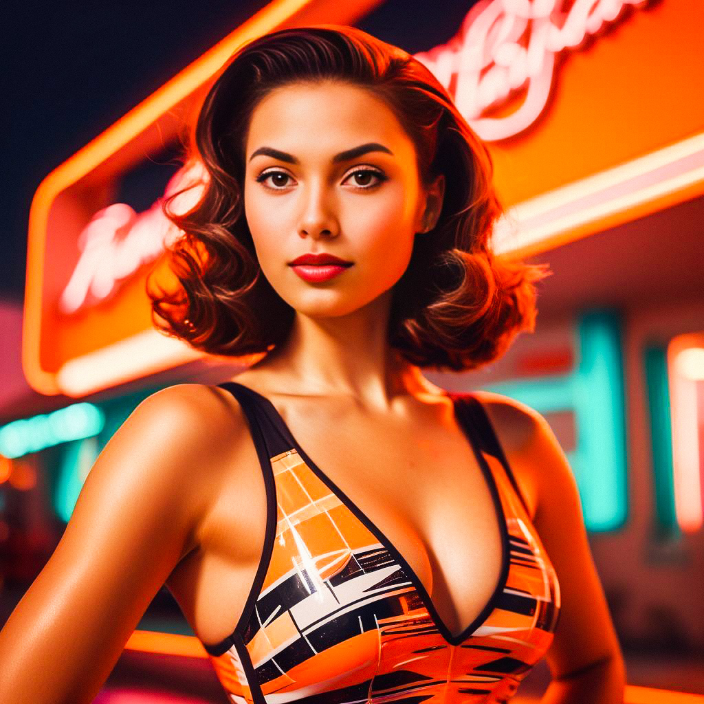 Confident Woman in Retro Neon Setting