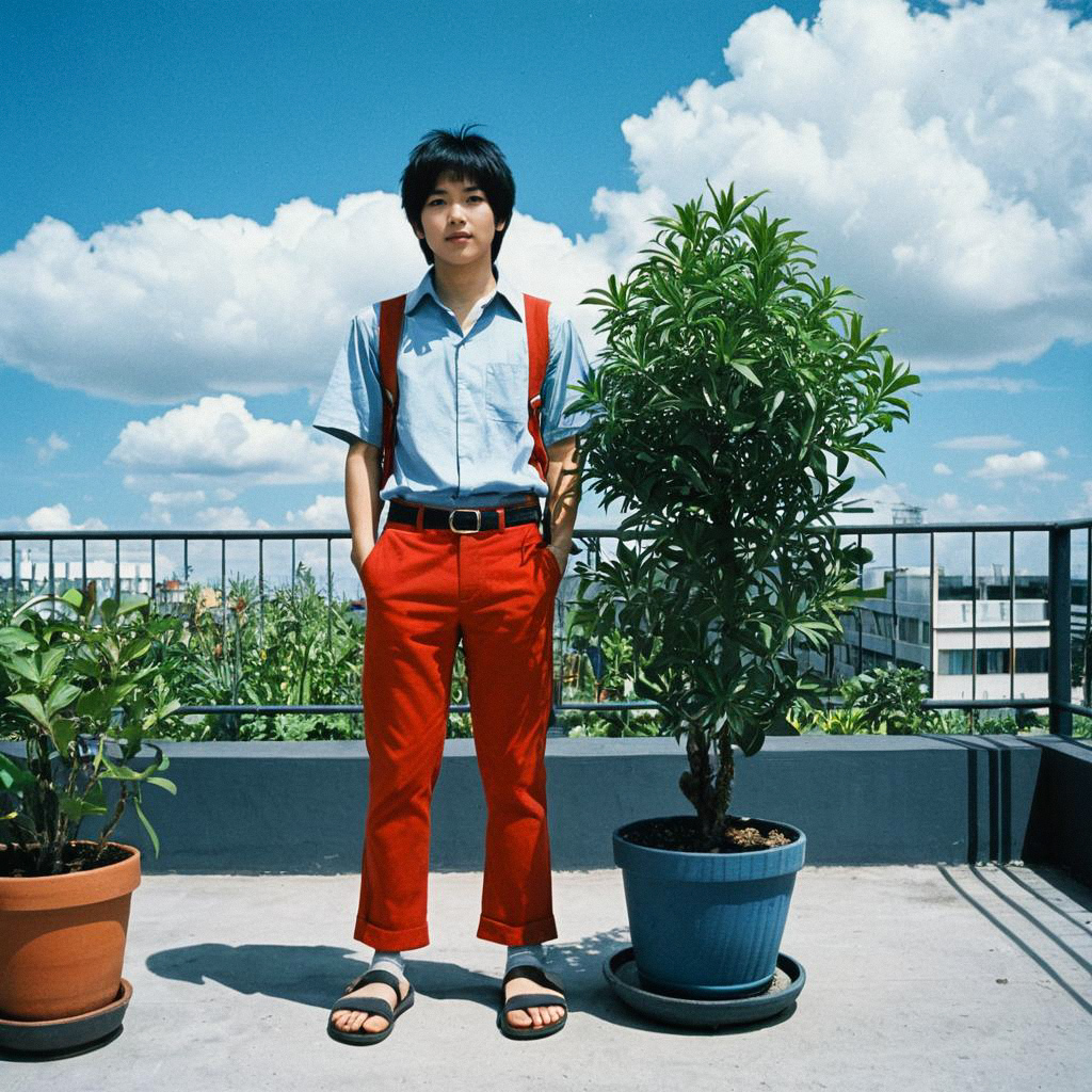 Young Man in Rooftop Garden with Potted Plants