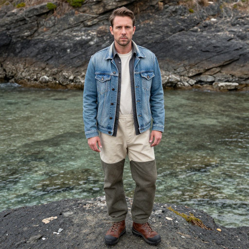 Man in Denim Jacket and Two-Tone Pants on Rocky Shore