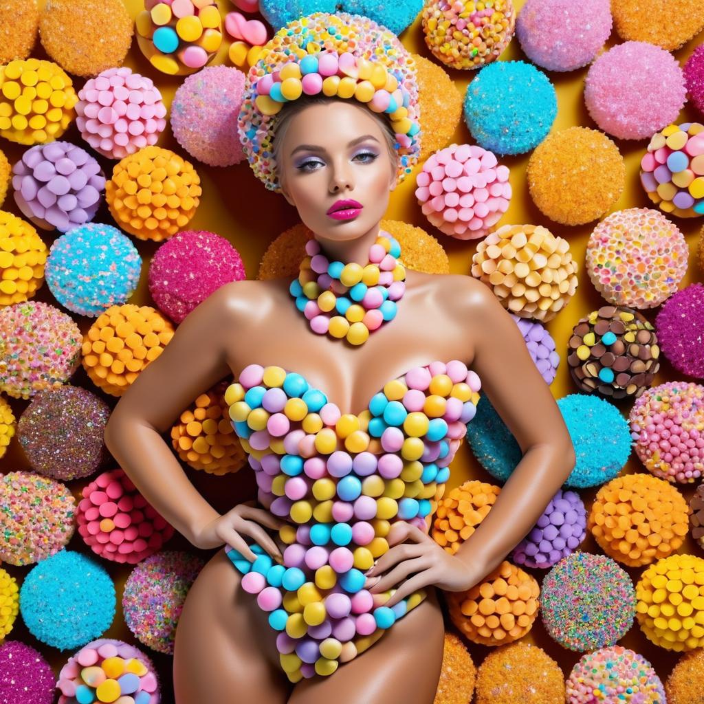 Woman in Candy Bodysuit Against Candy Spheres