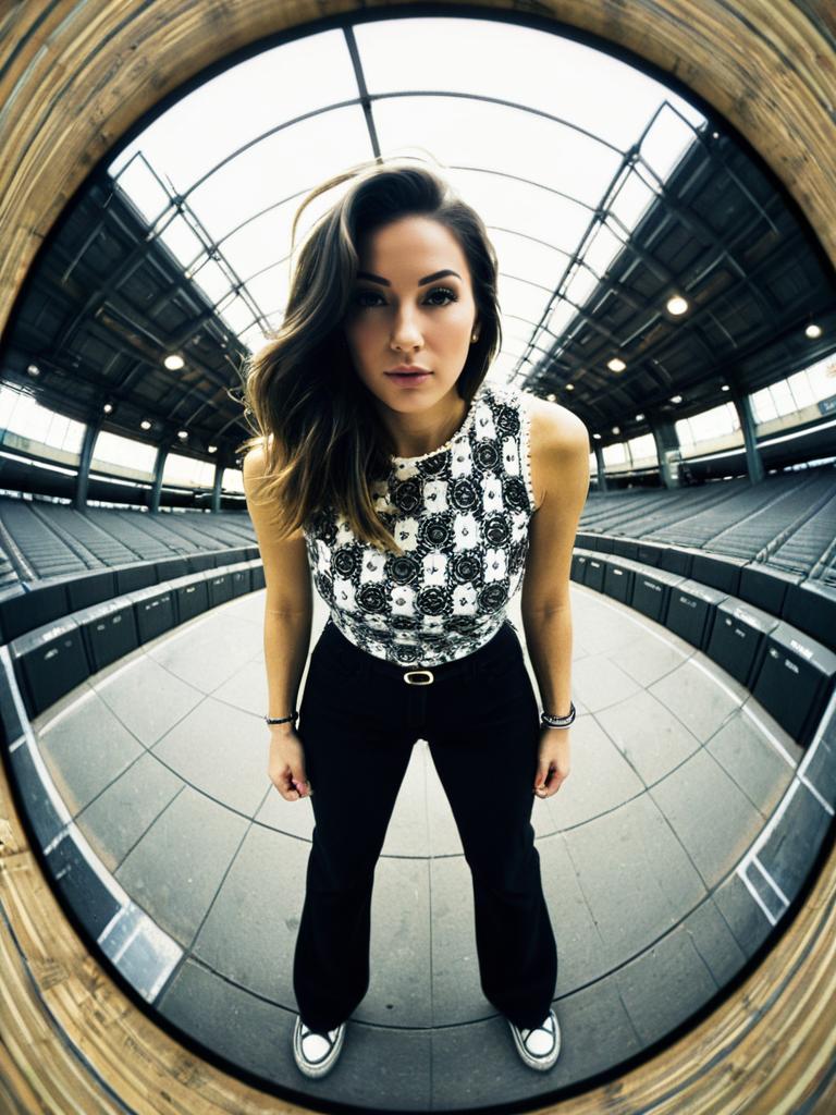 Woman Wearing Chic Sleeveless Monochrome Top with Black and White Baroque Pattern in Stadium
