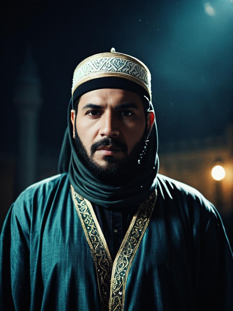 Cinematic Portrait of Man in Traditional Muslim Costume with Dramatic Lighting