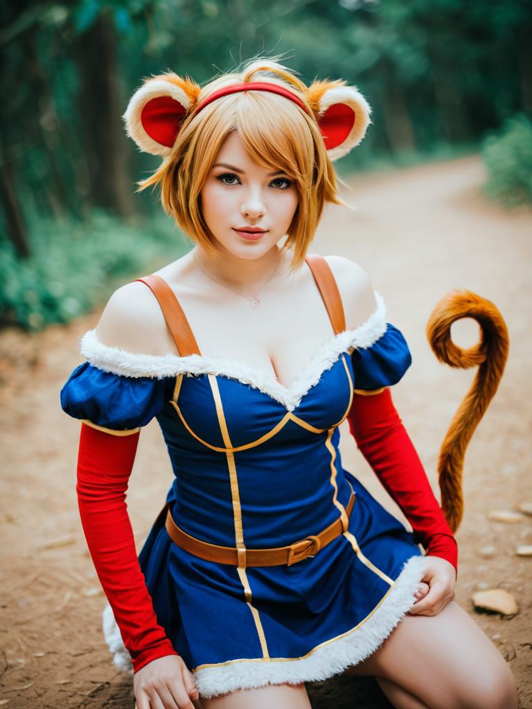Realistic Andira Granblue Fantasy Cosplay Woman in Blue Dress with Animal Ears and Tail