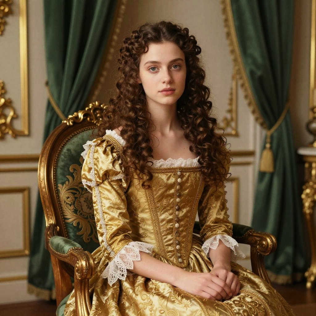 Young Woman in Luxurious Historical Gold Dress Sitting on Vintage Chair