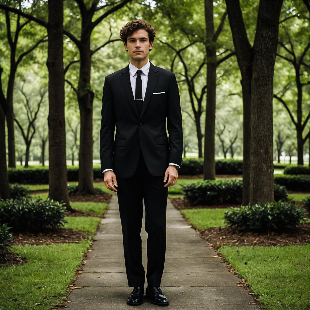 Stylish Man in Black Suit on Serene Pathway