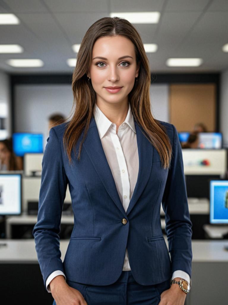 Professional woman in office, blue blazer