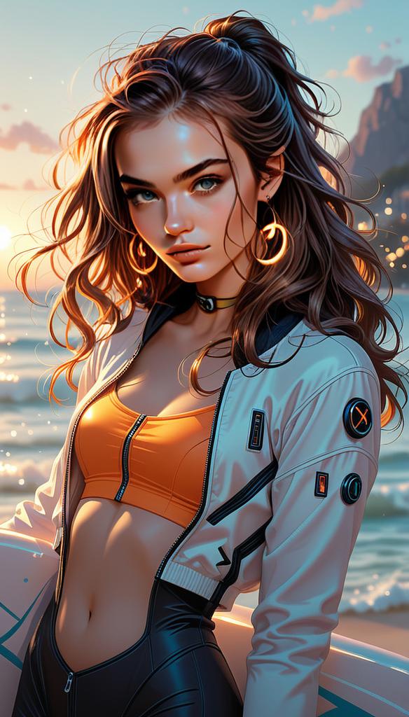 Stylish Woman by the Beach at Sunset