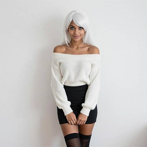 Young Woman with White Hair and Blue Eyes in Off-Shoulder Sweater and Black Mini Skirt