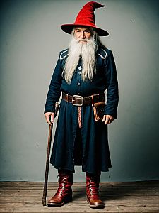 Elderly Man in Traditional Wizard Costume with Red Hat and Staff