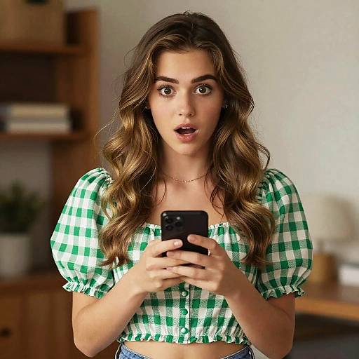 Surprised Woman Holding Smartphone in Green Checkered Crop Top