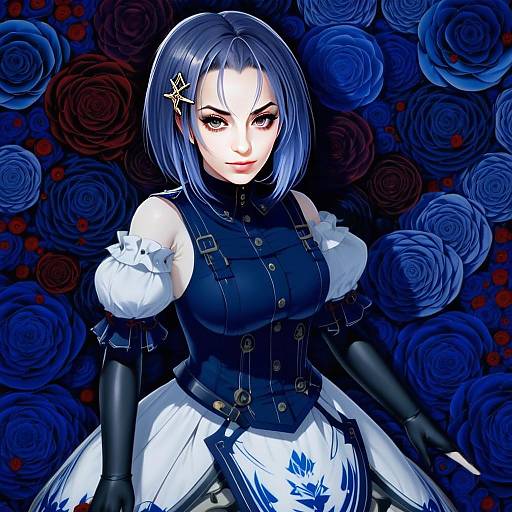 Anime Woman with Blue Hair in Fantasy Outfit with Rose Background