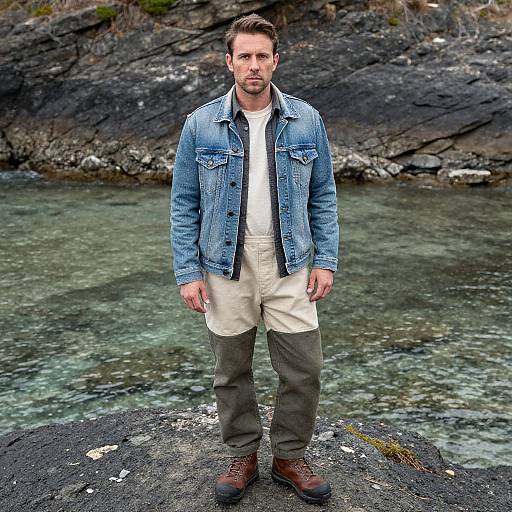 Man in Denim Jacket and Two-Tone Pants on Rocky Shore