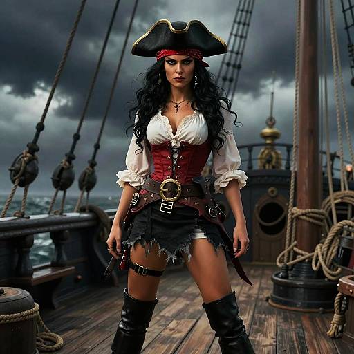 Bold Woman Pirate in Classic Costume on Stormy Ship Deck