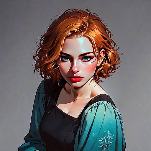 Digital Portrait of Red-Haired Woman with Blue Eyes in Teal Dress