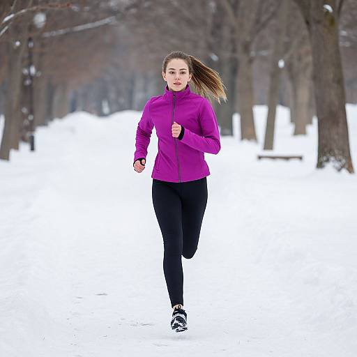 Woman Jogging in Snowy Winter Park Wearing Purple Jacket