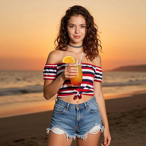 Young Woman Enjoying Cocktail on Beach at Sunset in Casual Summer Outfit