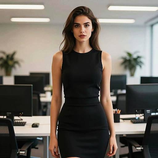 Confident Young Woman in Black Dress in Modern Office