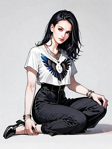 Realistic Digital Illustration of Woman in Casual Chic Outfit Sitting Pose