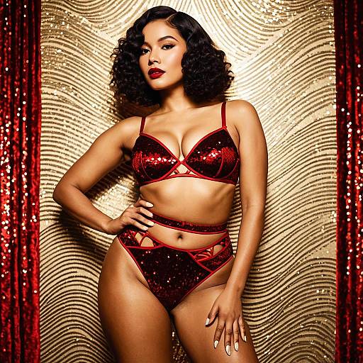 Glamorous Woman in Red Sequin Lingerie with Vintage Style