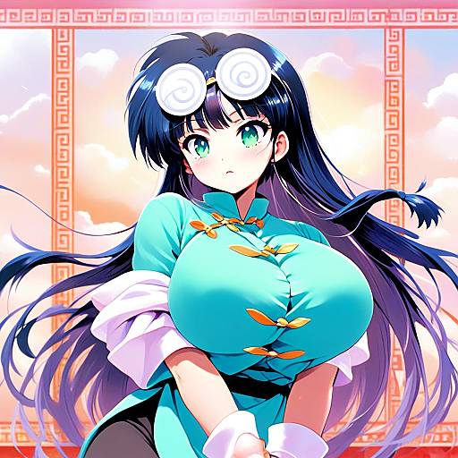 Anime Woman in Turquoise Chinese Outfit with Flowing Hair - Mousse Style Illustration
