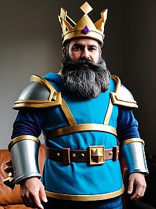 Man Wearing Detailed Clash Royale King Costume with Crown and Armor