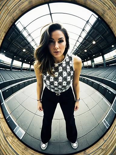 Woman Wearing Chic Sleeveless Monochrome Top with Black and White Baroque Pattern in Stadium