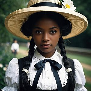 Victorian Day Costume Woman in Wide-Brimmed Hat and Braided Hair