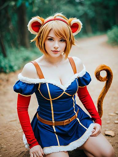 Realistic Andira Granblue Fantasy Cosplay Woman in Blue Dress with Animal Ears and Tail