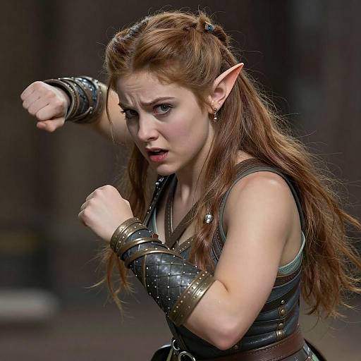 Fantasy Elf Warrior Woman in Leather Armor Fighting Pose