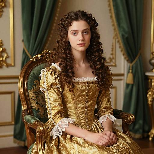 Young Woman in Luxurious Historical Gold Dress Sitting on Vintage Chair