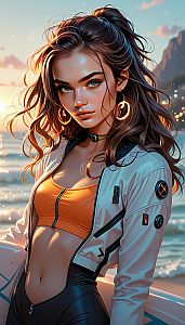 Stylish Woman by the Beach at Sunset
