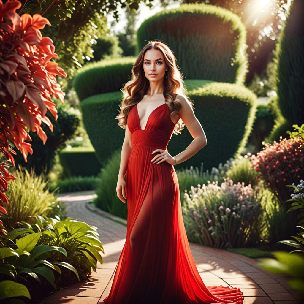 Woman in Red Gown in Garden