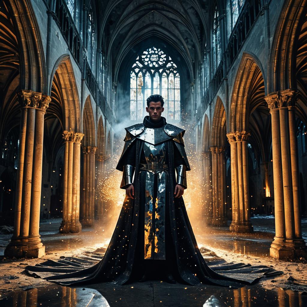 Medieval Knight in Gothic Cathedral with Fiery Sparks