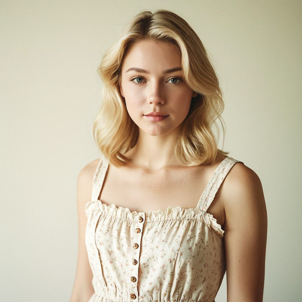 Elegant Young Woman in Cream Dress