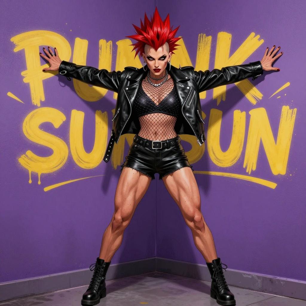 Fierce Punk Woman with Red Spiked Hair in Leather Outfit Against Graffiti Wall